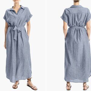 NWT Max Studio Cuffed Sleeve Shirt Dress Blue V-Neck w/Belt Size Extra Small